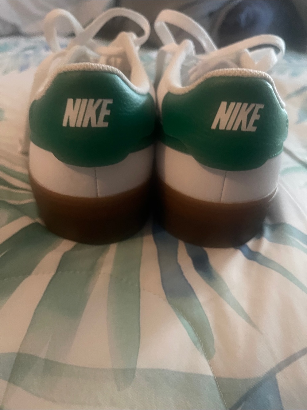Nike Men’s White Sneakers with Green Swoosh and Brown Sole